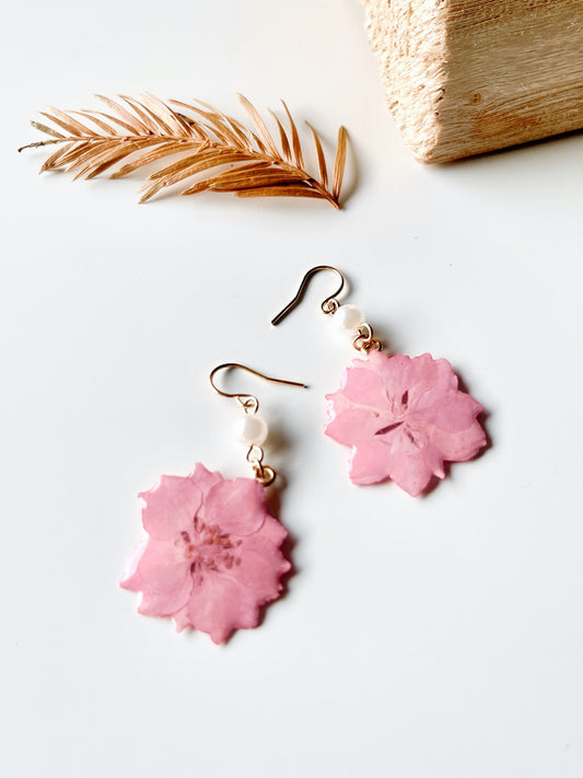 Pink Dried Larkspur Pearl Earrings