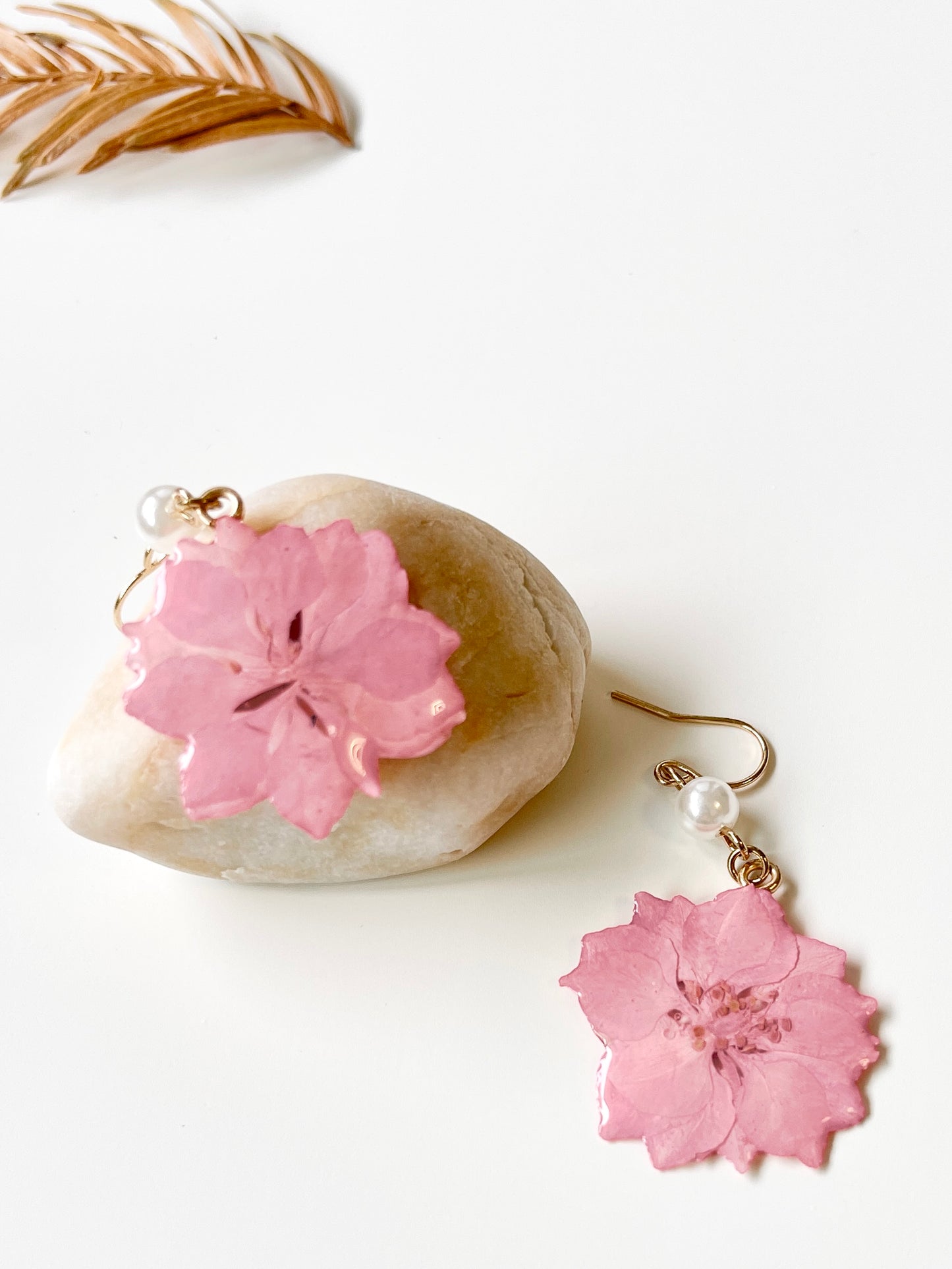 Pink Dried Larkspur Pearl Earrings