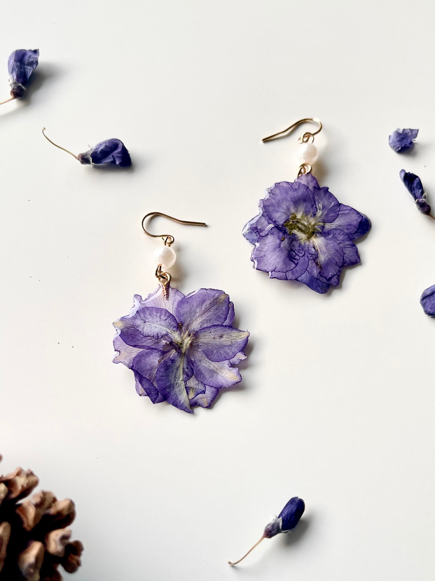 Purple Dried Larkspur Pearl Earrings