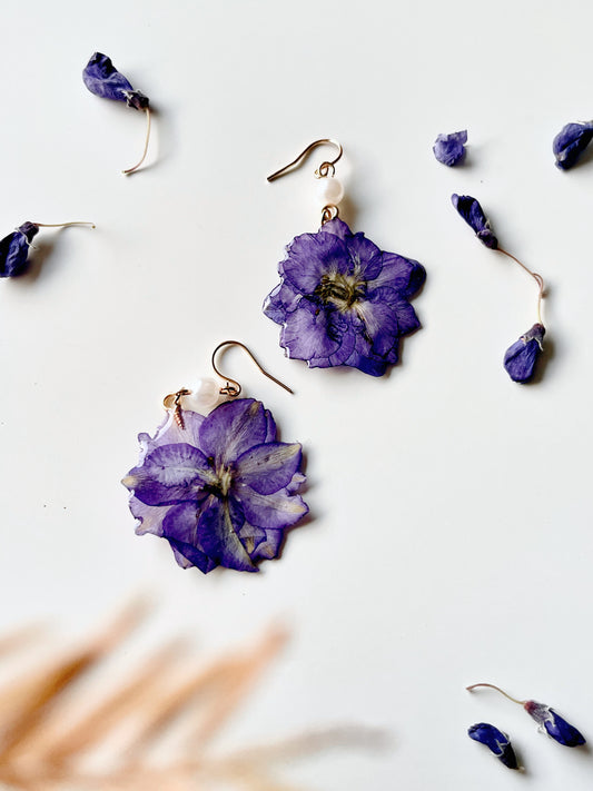 Purple Dried Larkspur Pearl Earrings