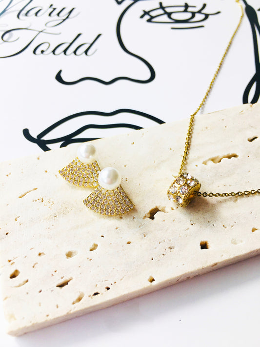 Rhinestone Decor Pearl Necklace & Earrings Jewelry Set