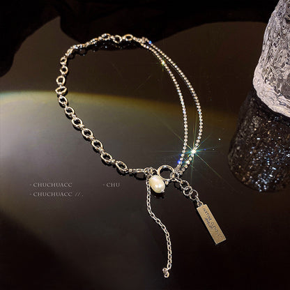 Rhinestone Decor Pearl Pendant Asymmetric Necklace Jewelry Set