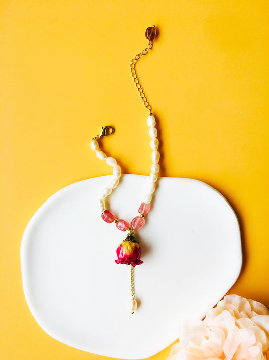 Rose Dried Flower with Pearl & Crystal Bracelet & Drop Earrings Jewelry Set
