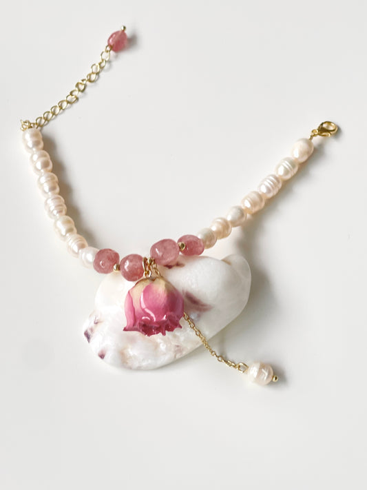 Rose Dried Flower with Pearl & Crystal Bracelet