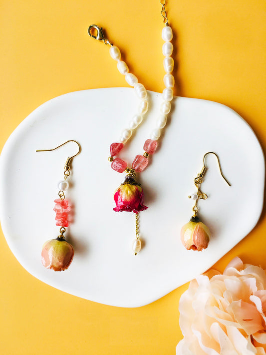 Hotpink Rose Dried Flower with Pearl & Crystal Bracelet & Asymmetry Drop Earrings Jewelry Set