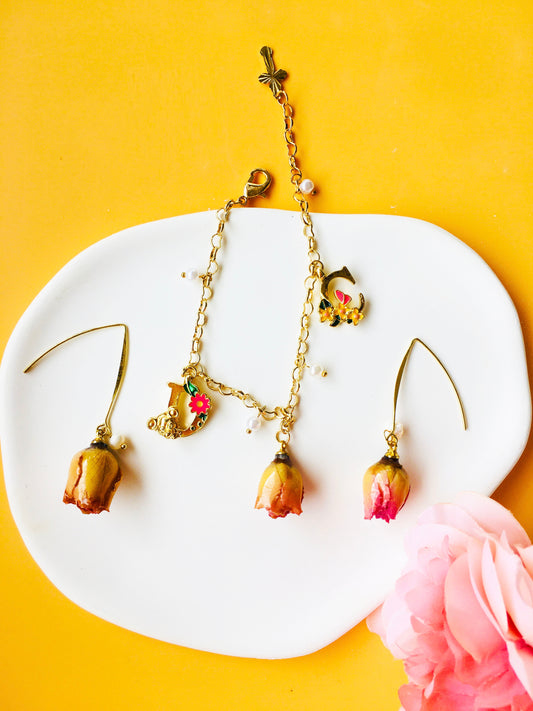 Hotpink Rose Dried Flower with Pearl & Letter Pendant Bracelet & Flower with Pearl Drop Earrings Jewelry Set