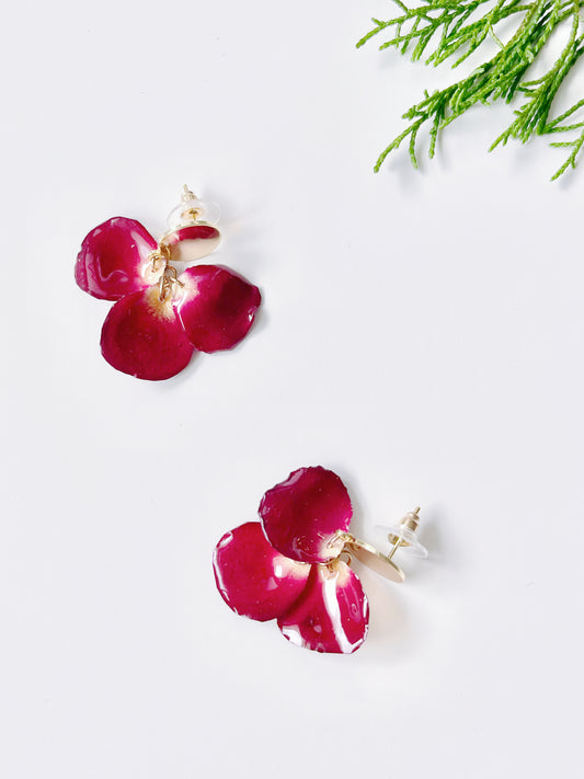 Rose Petal Dried Flower Metal Earrings