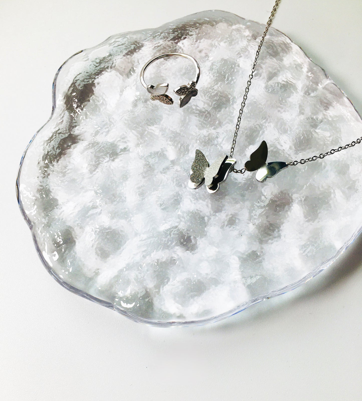 Silver Butterfly Charm Necklace & Rhinestone Ring Jewelry Set