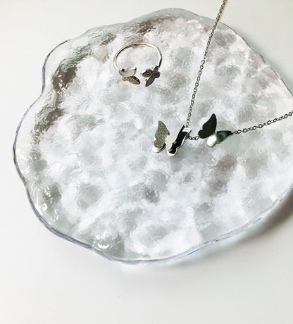 Silver Butterfly Charm Necklace & Rhinestone Ring Jewelry Set