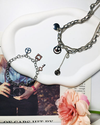 Silver Chain Link with Charms Necklace & Bracelet Jewelry Set