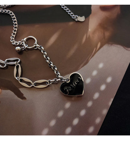 Silver Chain Link Necklace with Black Heart Pendant & Matching Chain Link Bracelet Set