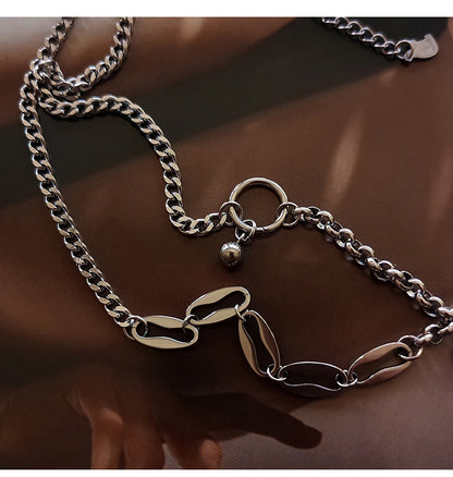 Silver Chain Link Necklace with Black Heart Pendant & Matching Chain Link Bracelet Set