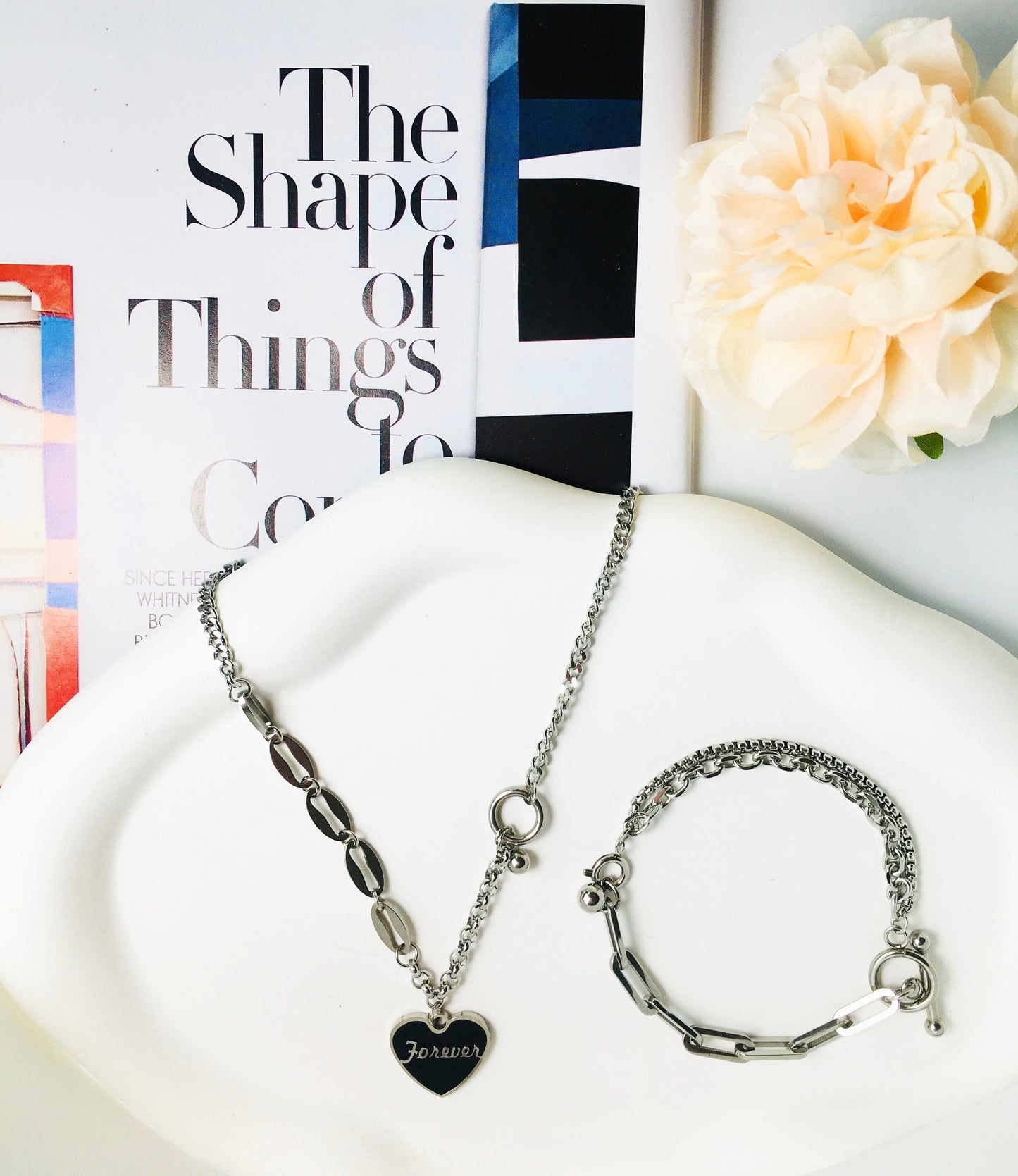 Silver Chain Link Necklace with Black Heart Pendant & Matching Chain Link Bracelet Set