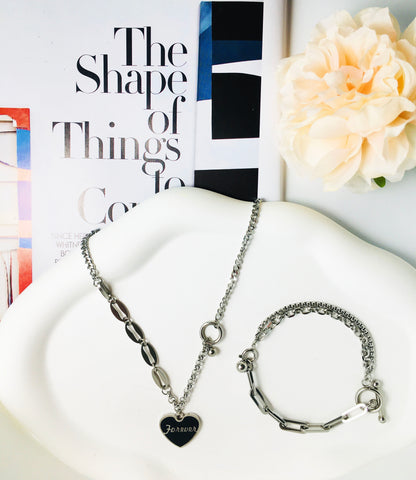 Silver Chain Link Necklace with Black Heart Pendant & Matching Chain Link Bracelet Set