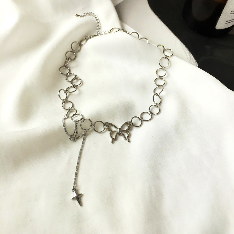 Silver Hollow Out Butterfly & Hoop Charm Necklace & Ring Jewelry Set