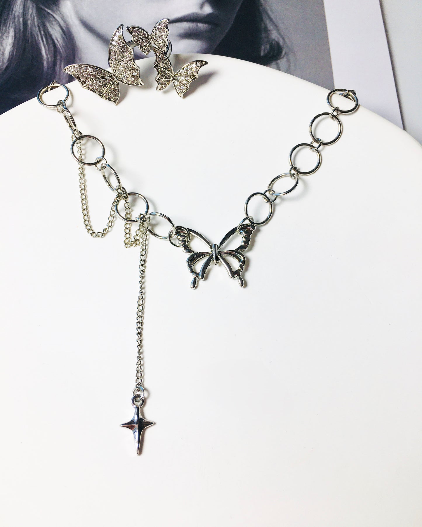 Silver Hollow Out Butterfly & Hoop Charm Necklace & Ring Jewelry Set