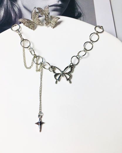 Silver Hollow Out Butterfly & Hoop Charm Necklace & Ring Jewelry Set