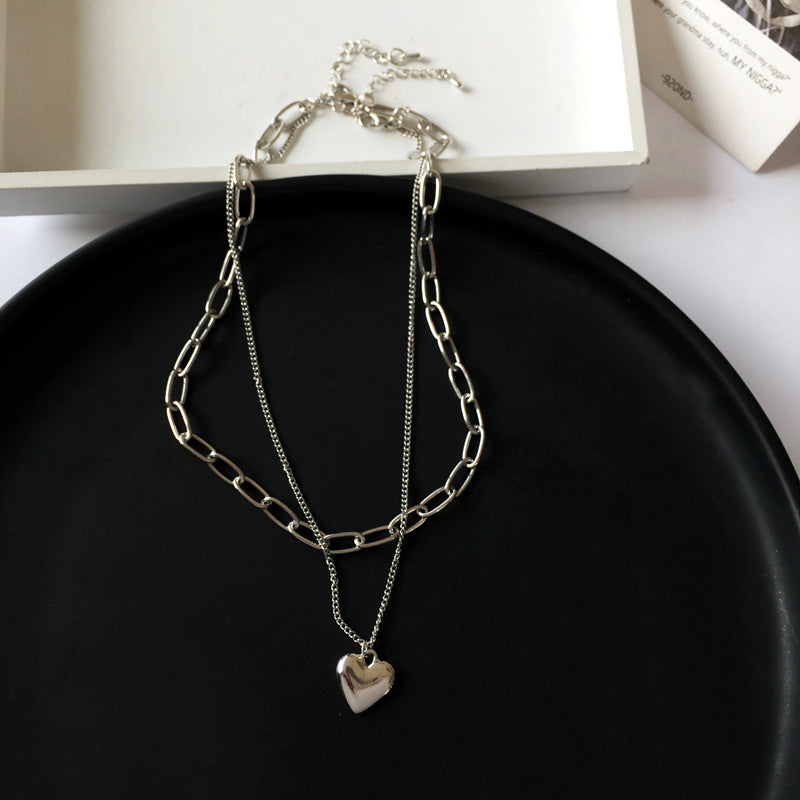 Silver Layered Crystal Chain Link Bracelet & Heart Pendant Necklace Set
