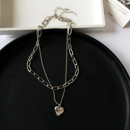 Silver Layered Crystal Chain Link Bracelet & Heart Pendant Necklace Set