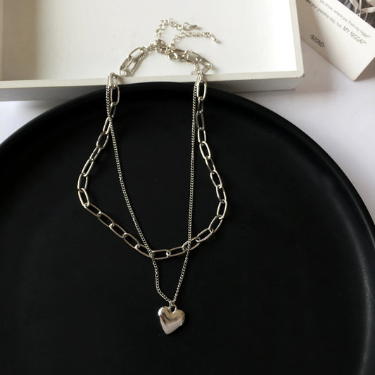 Silver Layered Crystal Chain Link Bracelet & Heart Pendant Necklace Set