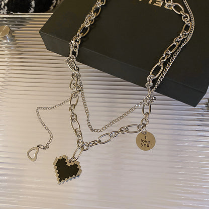 Silver Layered Chain Link Necklace with Black Mosaic Heart Pendant & Chain Link Bracelet Set