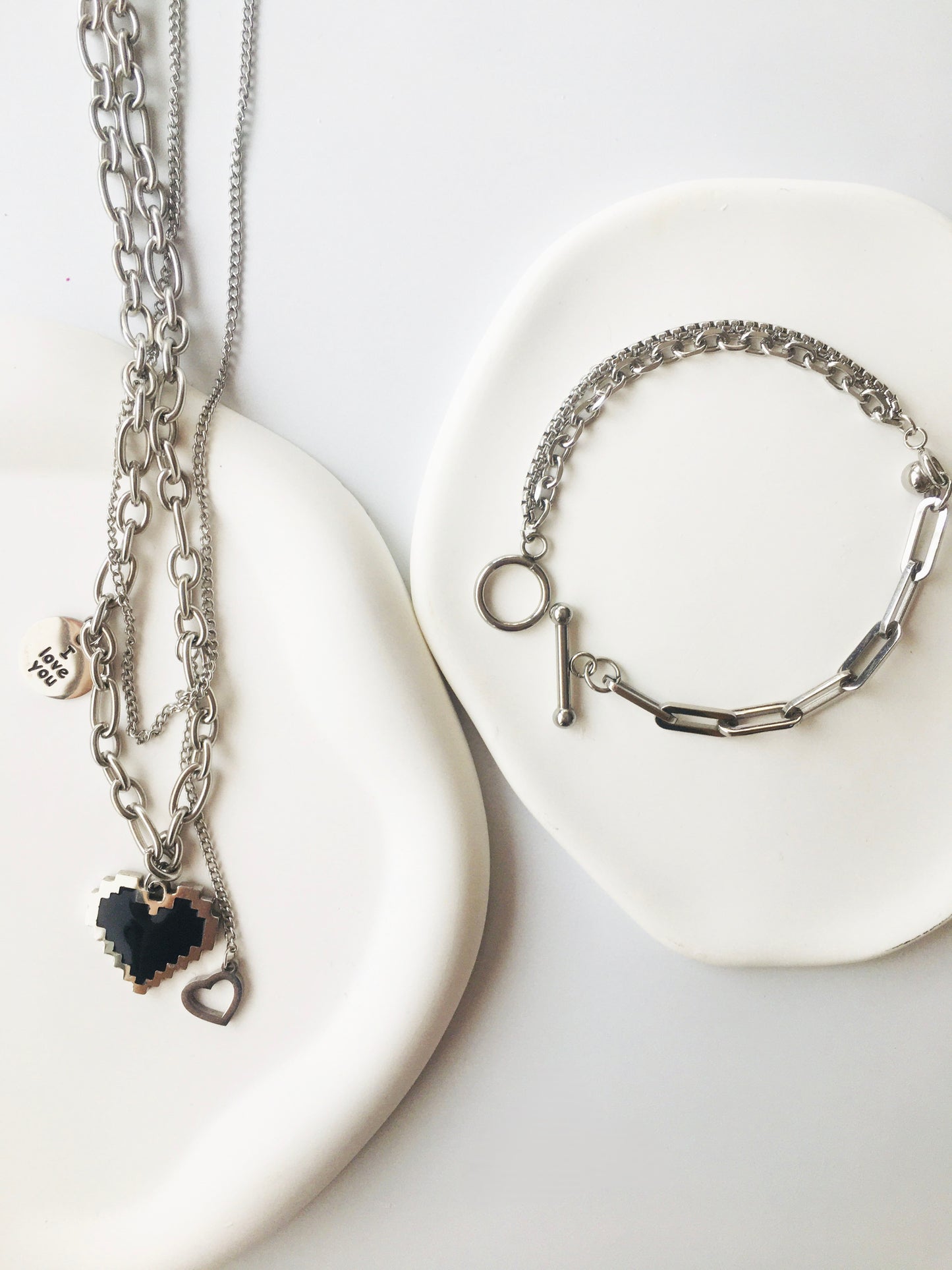 Silver Layered Chain Link Necklace with Black Mosaic Heart Pendant & Chain Link Bracelet Set
