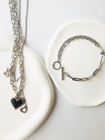 Silver Layered Chain Link Necklace with Black Mosaic Heart Pendant & Chain Link Bracelet Set