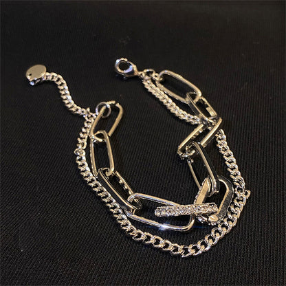 Silver Layered Crystal Chain Link Bracelet & Heart Pendant Necklace Set