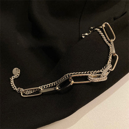 Silver Layered Crystal Chain Link Bracelet & Heart Pendant Necklace Set