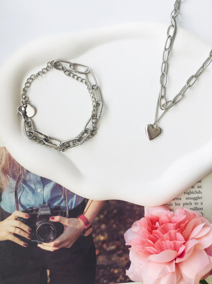 Silver Layered Crystal Chain Link Bracelet & Heart Pendant Necklace Set
