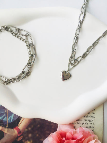 Silver Layered Crystal Chain Link Bracelet & Heart Pendant Necklace Set
