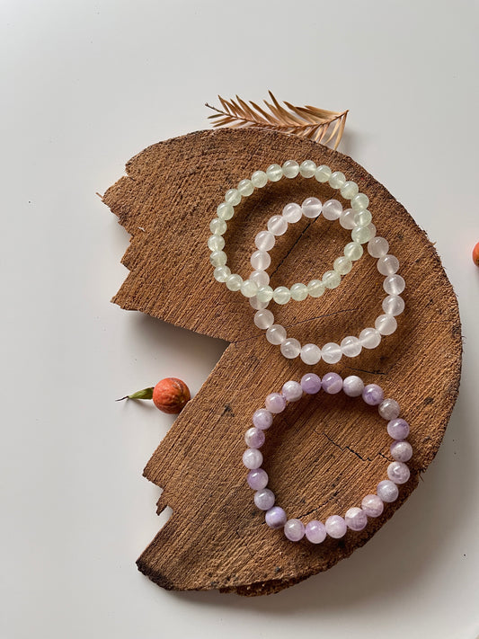Summer Breeze · Lavender Amethyst & Afghan White Jade & Prehnite Stacking Bracelets