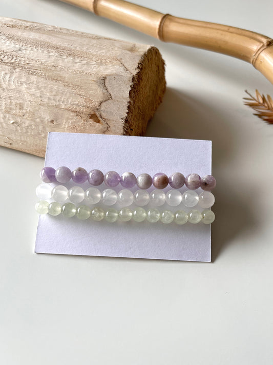 Summer Breeze · Lavender Amethyst & Afghan White Jade & Prehnite Stacking Bracelets