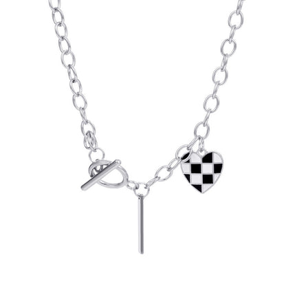 Vintage Black and White Checkerboard Heart Pendant Jewelry Set