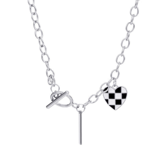 Vintage Black and White Checkerboard Heart Pendant Jewelry Set