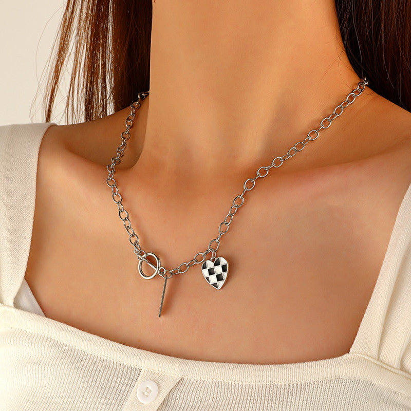 Vintage Black and White Checkerboard Heart Pendant Jewelry Set