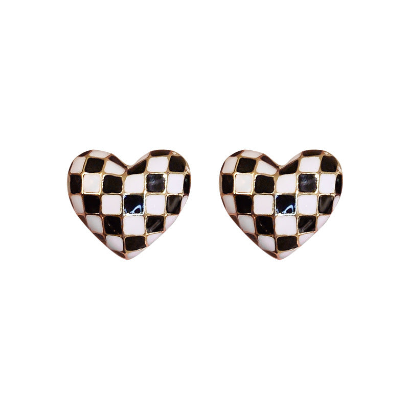 Vintage Black and White Checkerboard Heart Pendant Jewelry Set