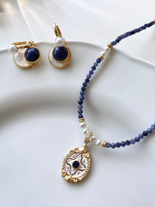 Vintage Blue Crystal & Mother of Pearl Jewelry Set