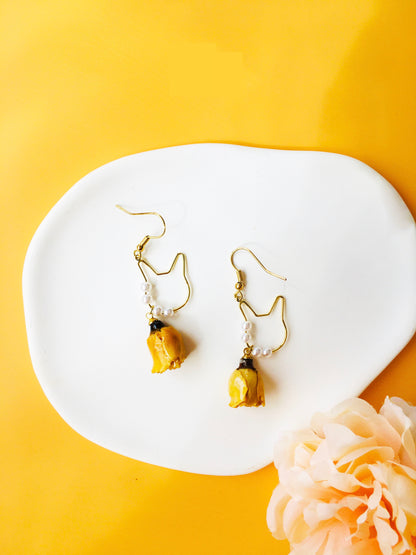 Yellow Rose Dried Flower with Pearl & Cat Shape Drop Earrings