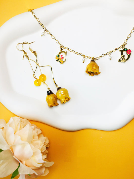 Yellow Rose Dried Flower with Pearl & Letter Pendant Bracelet & Crystal Drop Earrings Jewelry Set