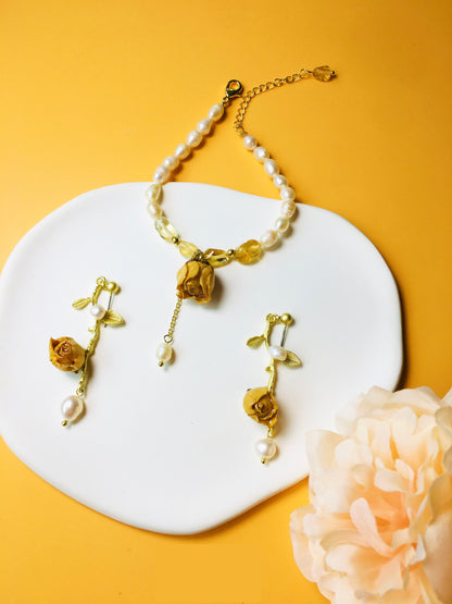 Rose Dried Flower with Pearl & Crystal Bracelet & Pearl Decor Drop Earrings Jewelry Set