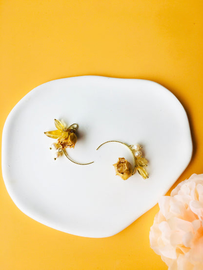 Rose Dried Flower with Pearl & Crystal Earrings