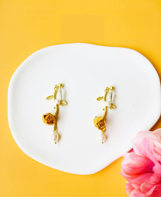 Rose Dried Flower with Pearl & Gold Leaf Drop Earrings