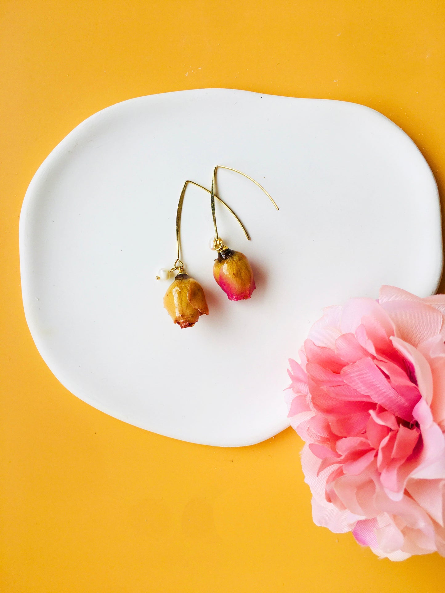 Yellow with Hotpink Rose Dried Flower with Pearl Drop Earrings