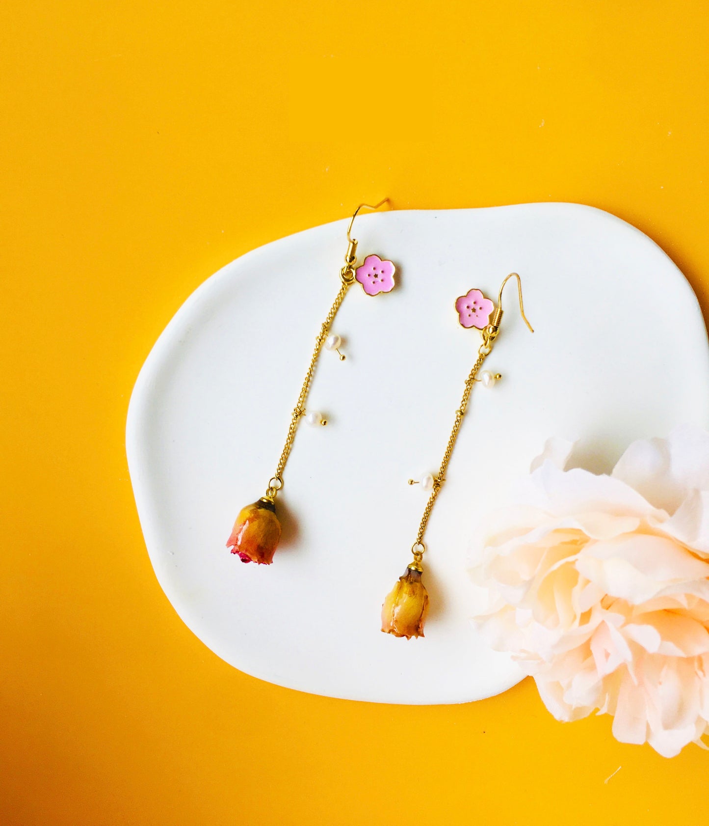Yellow with Hotpink Rose Dried Flower with Pearl & Sakura Drop Earrings