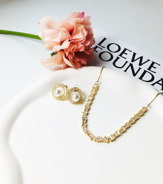 Zircon Decor Necklace & Crystal-Pearl Stud Earrings Jewelry Set